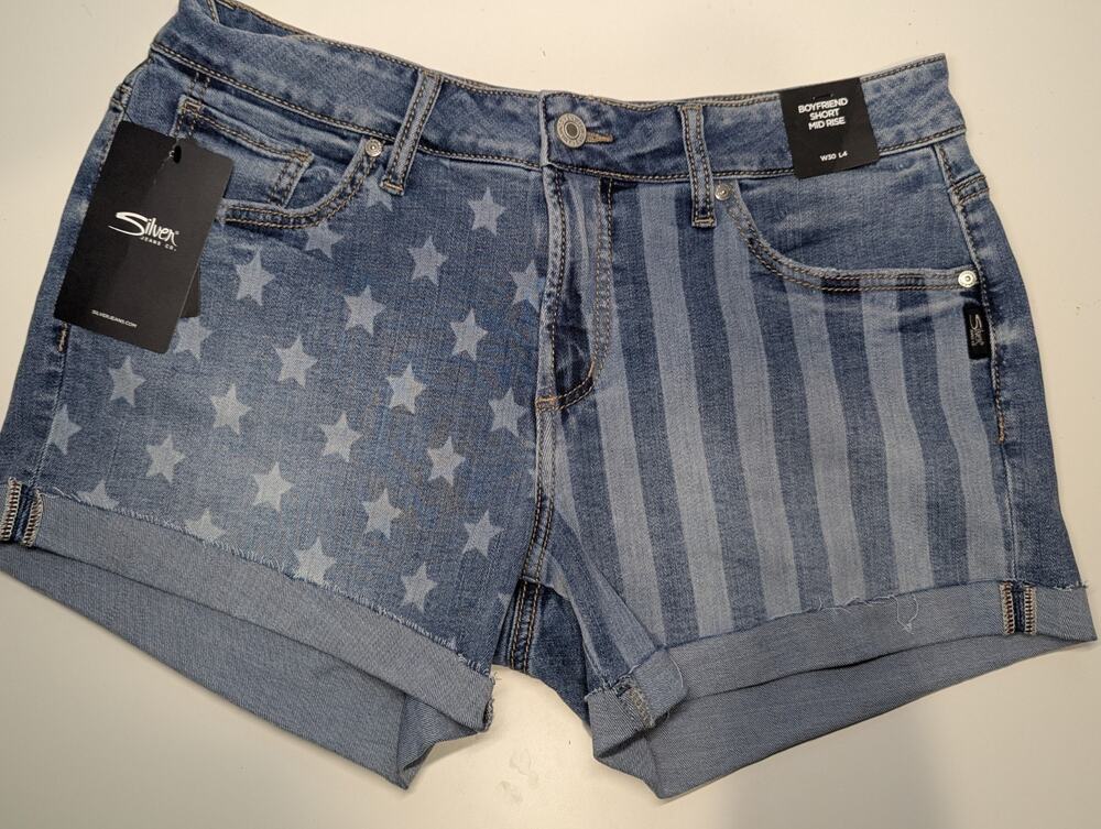 Silver Jeans Co. Womens Rolled Cuff Boyfriend Short Patriotic Size W30 L4